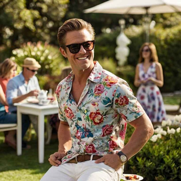 guy wearing a floral shirt with white jeans