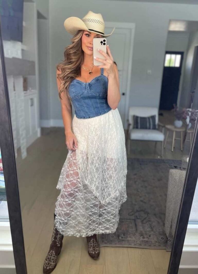 Girl wearing a denim tank and pair it with a dreamy white lace skirt