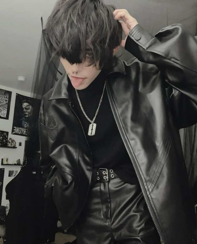 guy wearing An oversized black leather jacket over a black turtleneck with Black leather pants