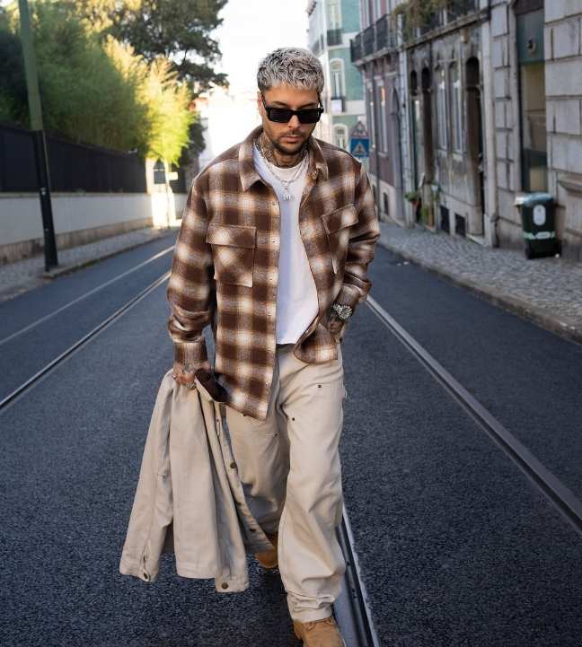 guy wearing A brown oversized plaid flannel layered over a crisp white T-shirt with Beige loose-fit cargo pants