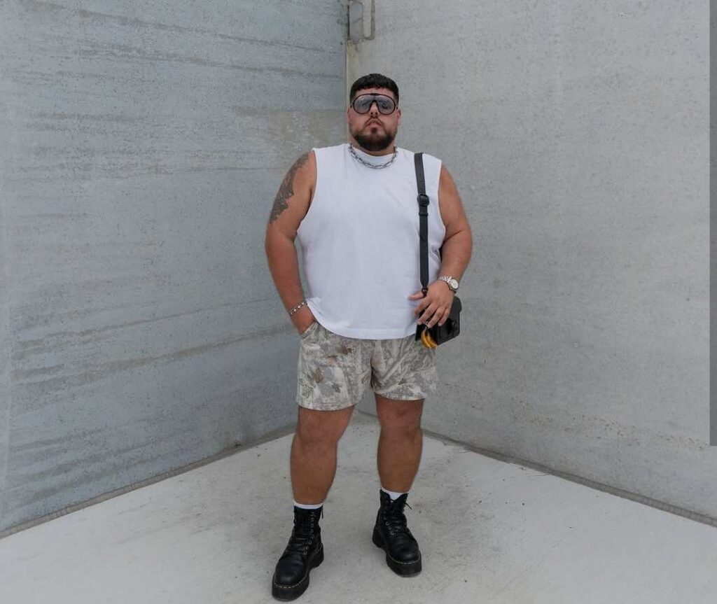 plus size man wearing a white sleeveless T-shirt with camo-print shorts