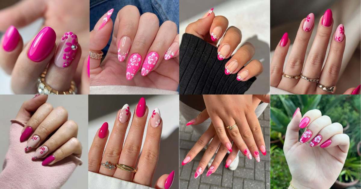 Hot Pink Nails with Flower Design