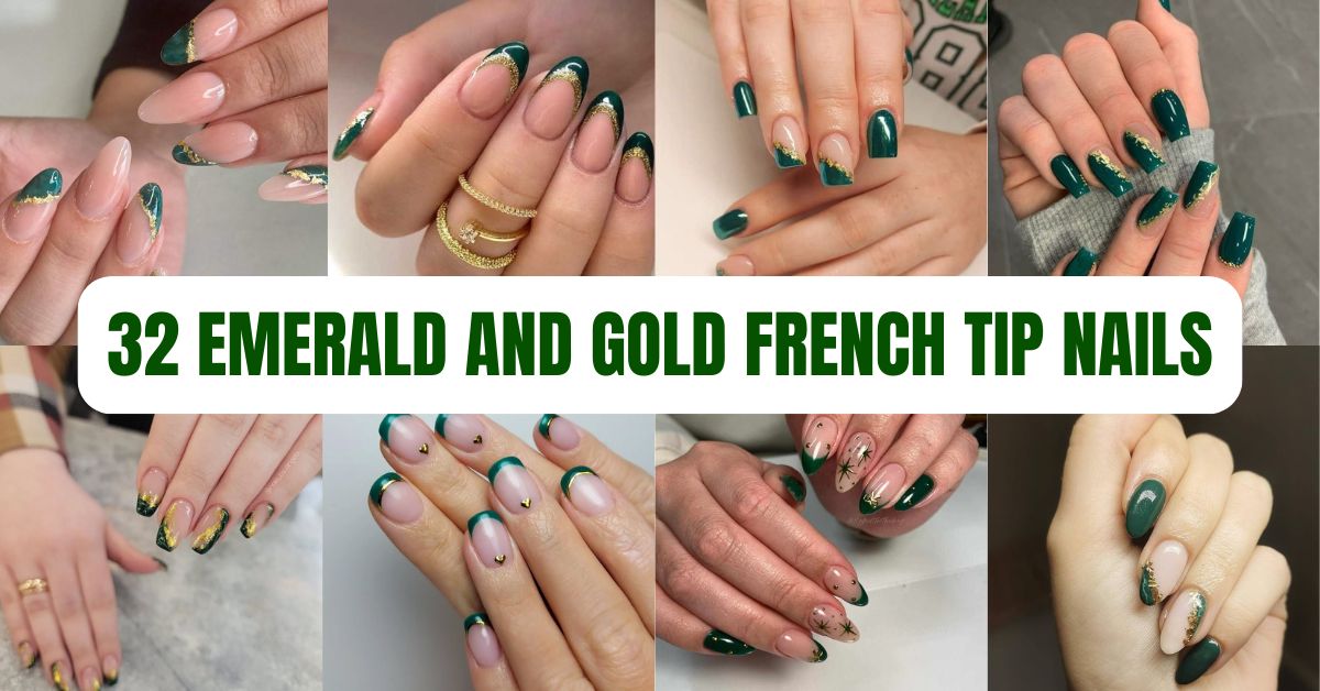 32 Emerald and Gold French Tip Nails