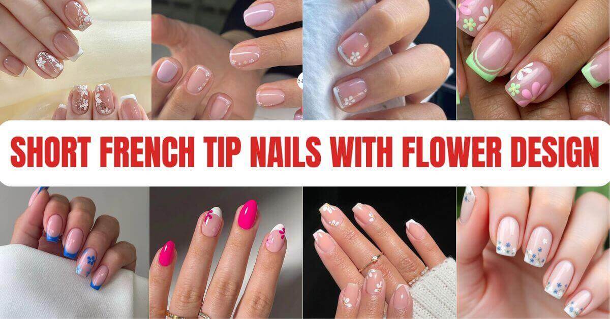 Short French Tip Nails with Flower Design