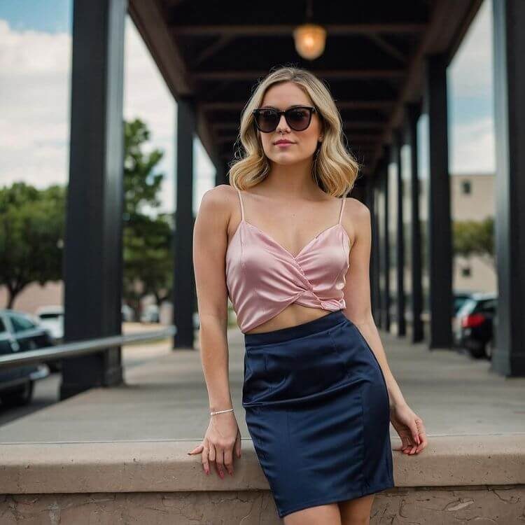 Girl wearing a blush pink cami top with navy blue skirt