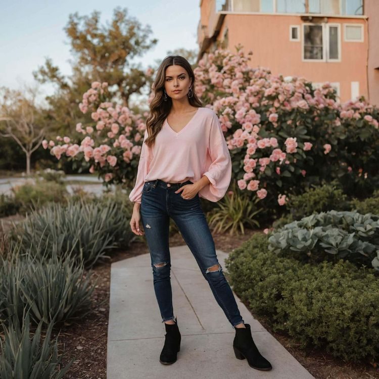 Girl wearing a v neck baby pink top with low waisted jeans and black ankle boots