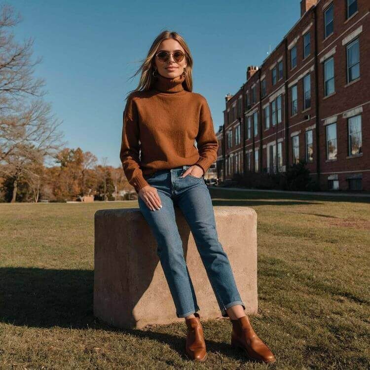 One of my friends wearing a brown knitted turtleneck with straight leg jeans and brown ankle boots