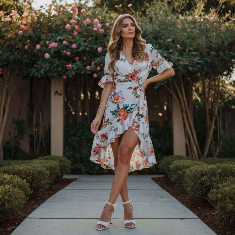 One of my friends wearing a floral wrap dress